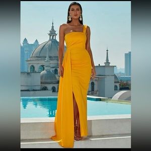 One shoulder wrap hem satin floor length formal gown -Mustard